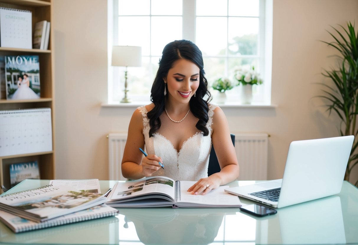 A bride-to-be sits at a desk surrounded by wedding magazines, a calendar, and a laptop. She is researching venues and making notes in a planner