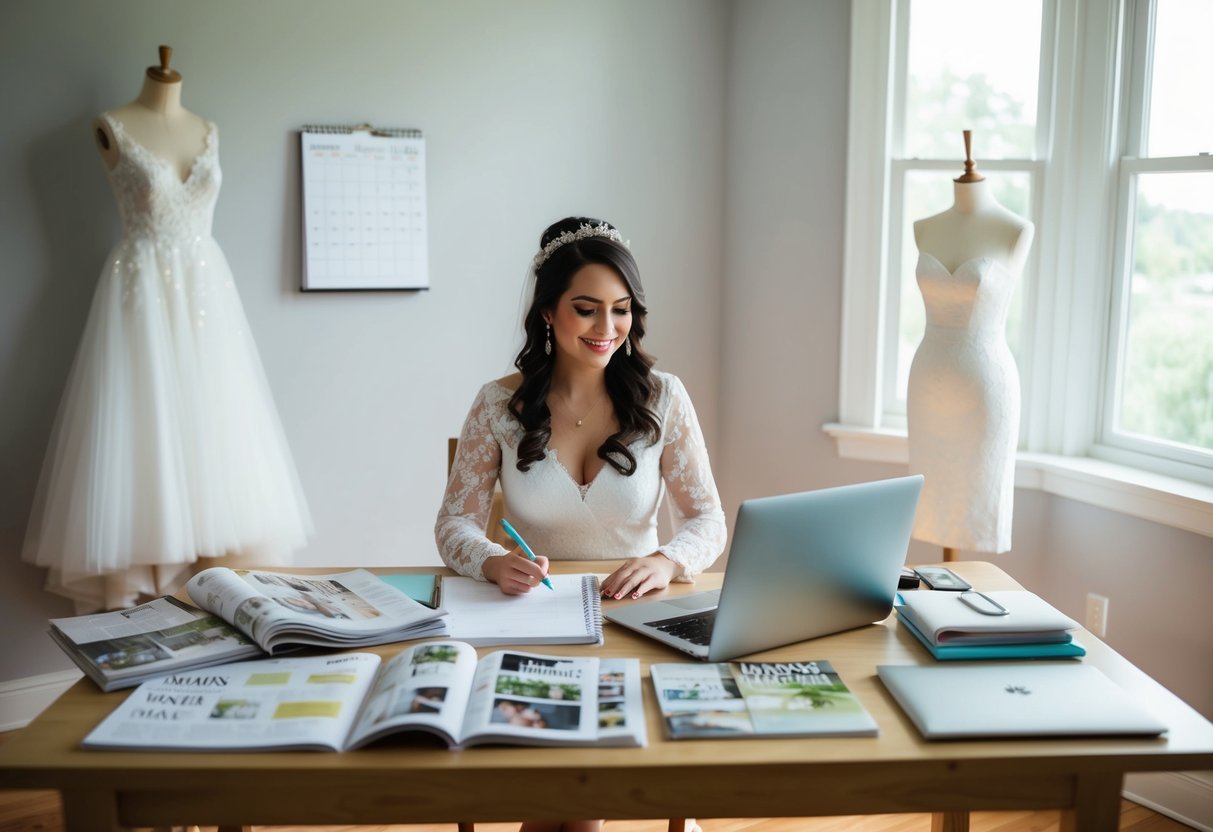 A bride-to-be sits at a desk surrounded by wedding magazines, a calendar, and a laptop, making notes and researching vendors. A wedding dress hangs on a nearby mannequin