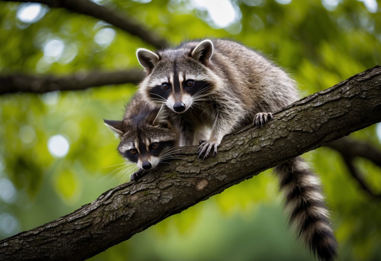 A raccoon cowers on a tree branch as a cat prowls below
