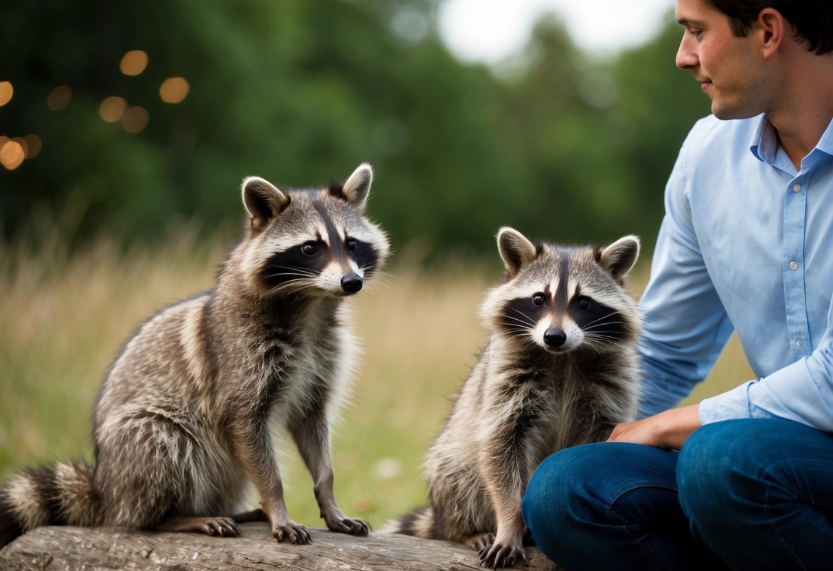 A raccoon dog sits calmly beside a human, showing no signs of fear or aggression