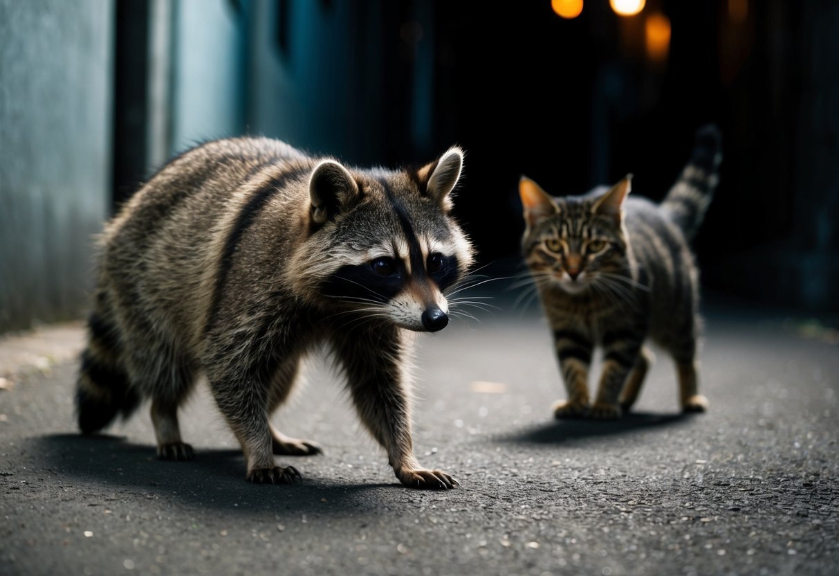 A wary raccoon cautiously eyes a prowling cat from a safe distance in a dimly lit alleyway