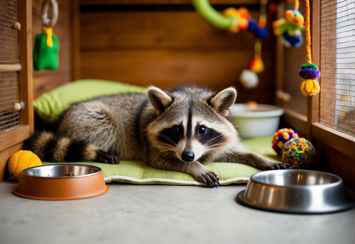 A raccoon dog lounges in a cozy, spacious enclosure, surrounded by enriching toys and a comfortable resting area. A water bowl and food dish are within reach, and the environment is clean and well-maintained