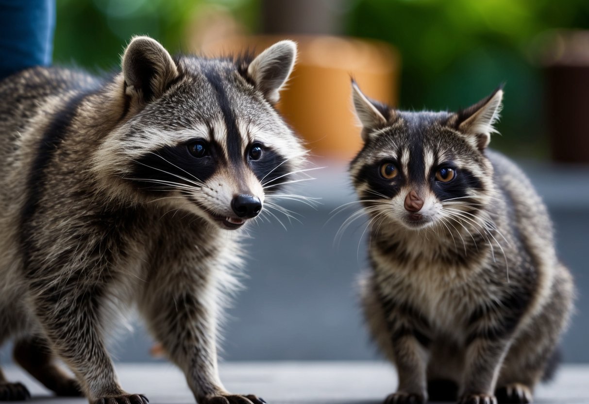 A raccoon cautiously watches a cat from a safe distance, showing signs of fear and uncertainty