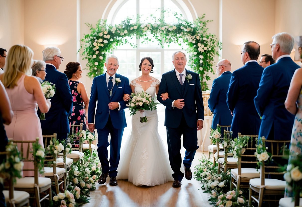 Parents walk into a wedding ceremony as "Canon in D" plays, surrounded by flowers and soft lighting