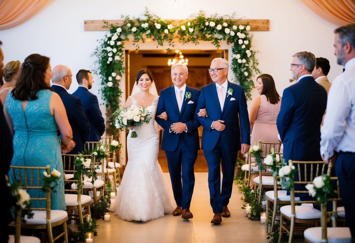 Parents walk into a wedding ceremony, greeted by soft, romantic music as they take their seats in the beautifully decorated venue