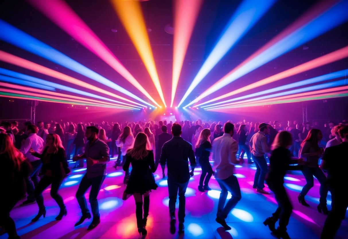 Multicolored lights pulsate across the dance floor, illuminating a crowd of people moving to the beat of an energetic song