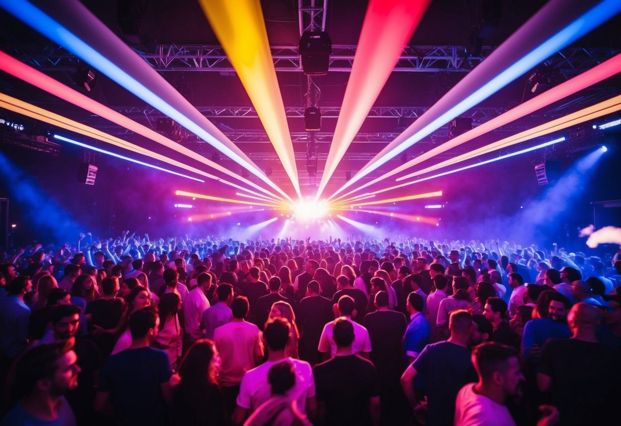 A crowded dance floor pulses with colorful lights and energetic movement as the iconic beats of a popular track fill the room