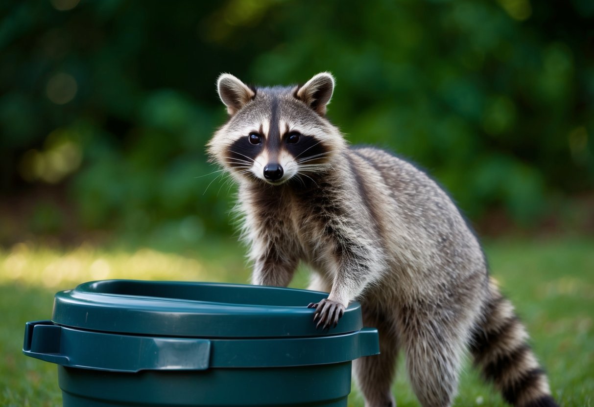 A raccoon stands near a trash can, its distinctive facial mask and ringed tail clearly visible. It appears curious and alert