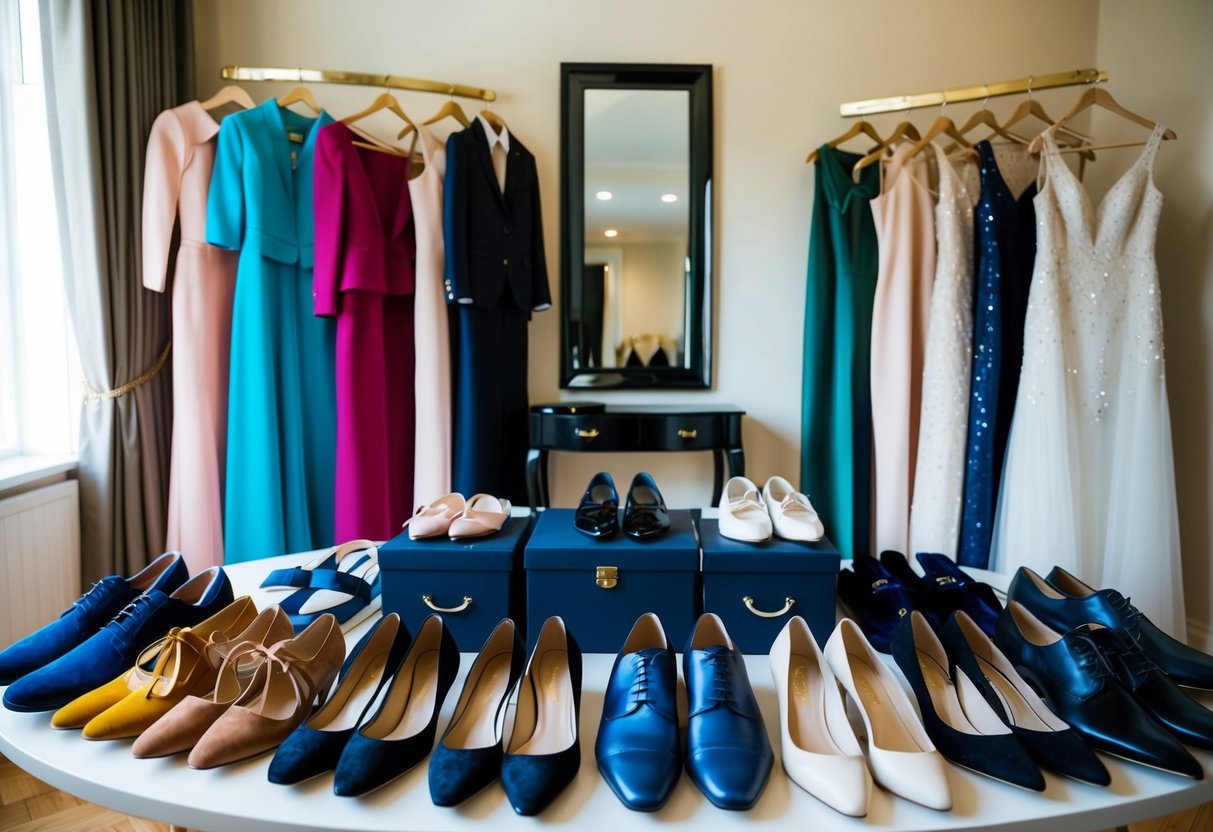 A table with a variety of elegant outfits, including dresses, suits, and formal shoes, arranged neatly in a well-lit room with a mirror