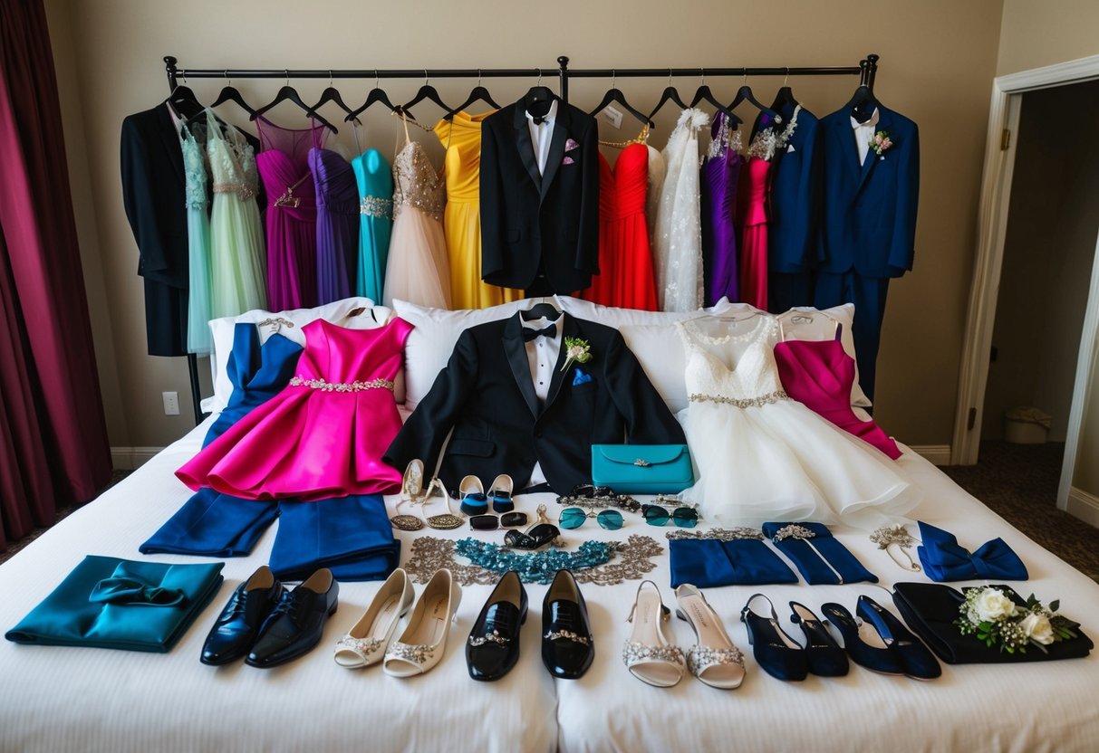 A colorful array of dresses, suits, and accessories laid out on a bed, ready for wedding rehearsal attendees to choose their outfits