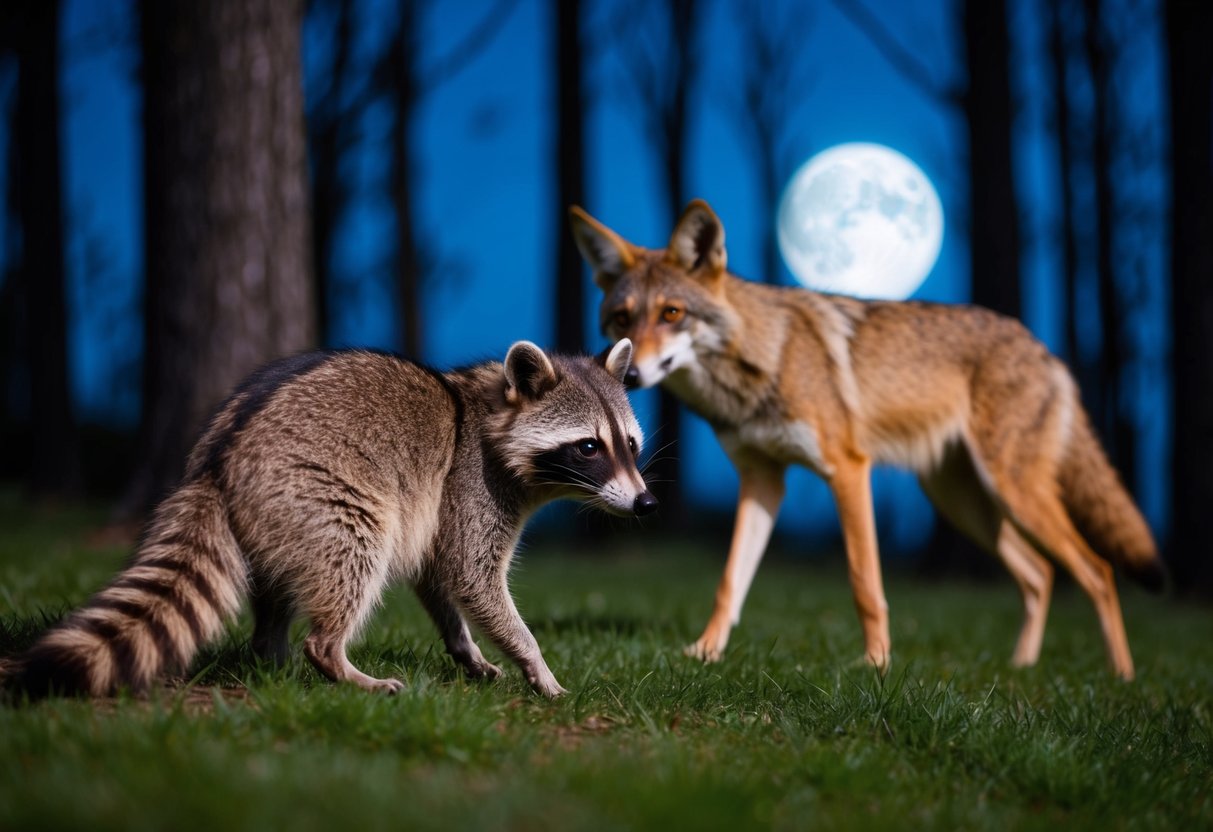 A raccoon cautiously eyes a lurking coyote in the moonlit forest