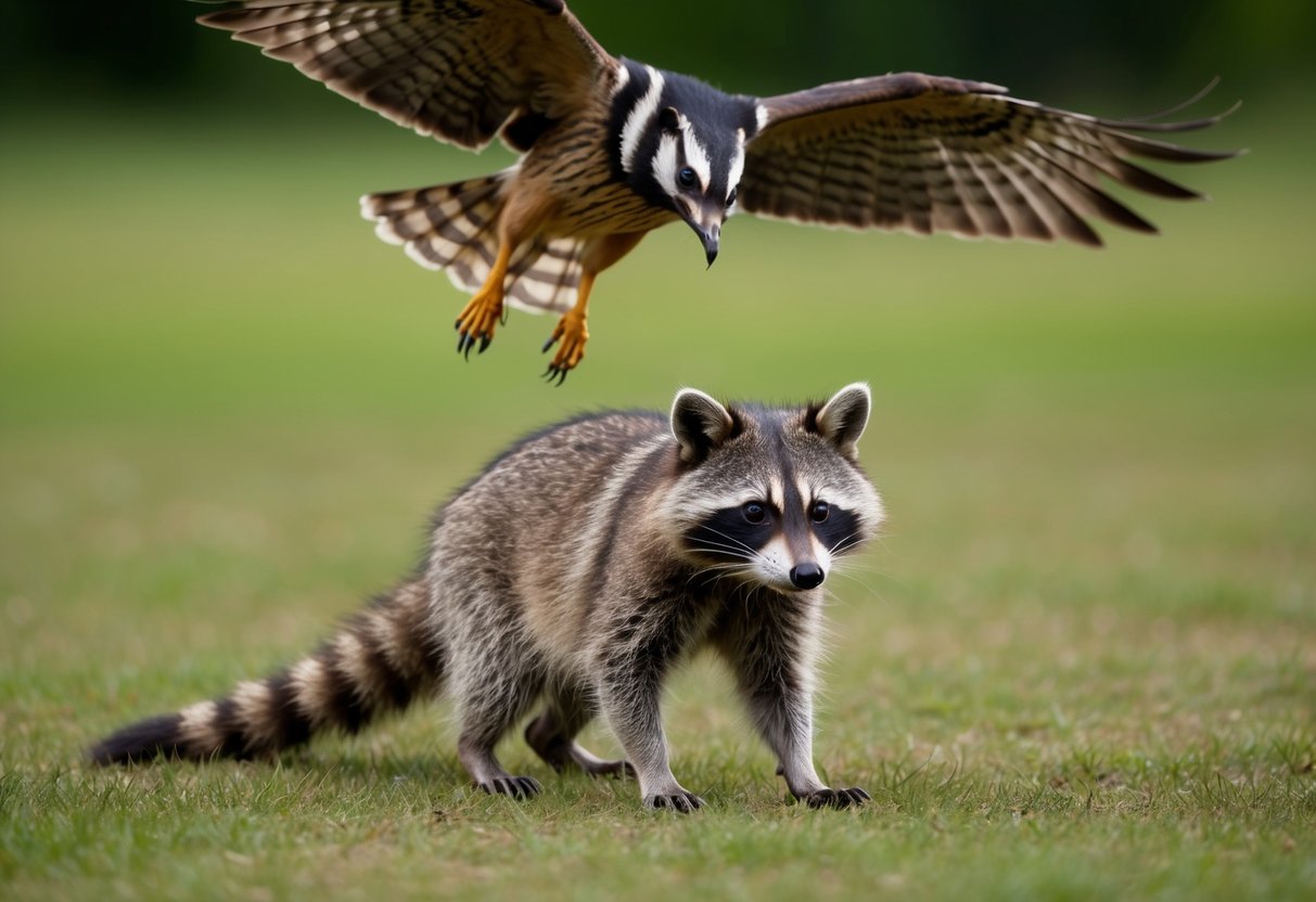 A raccoon cautiously watches as a large bird of prey circles overhead, its sharp talons and hooked beak a potential threat