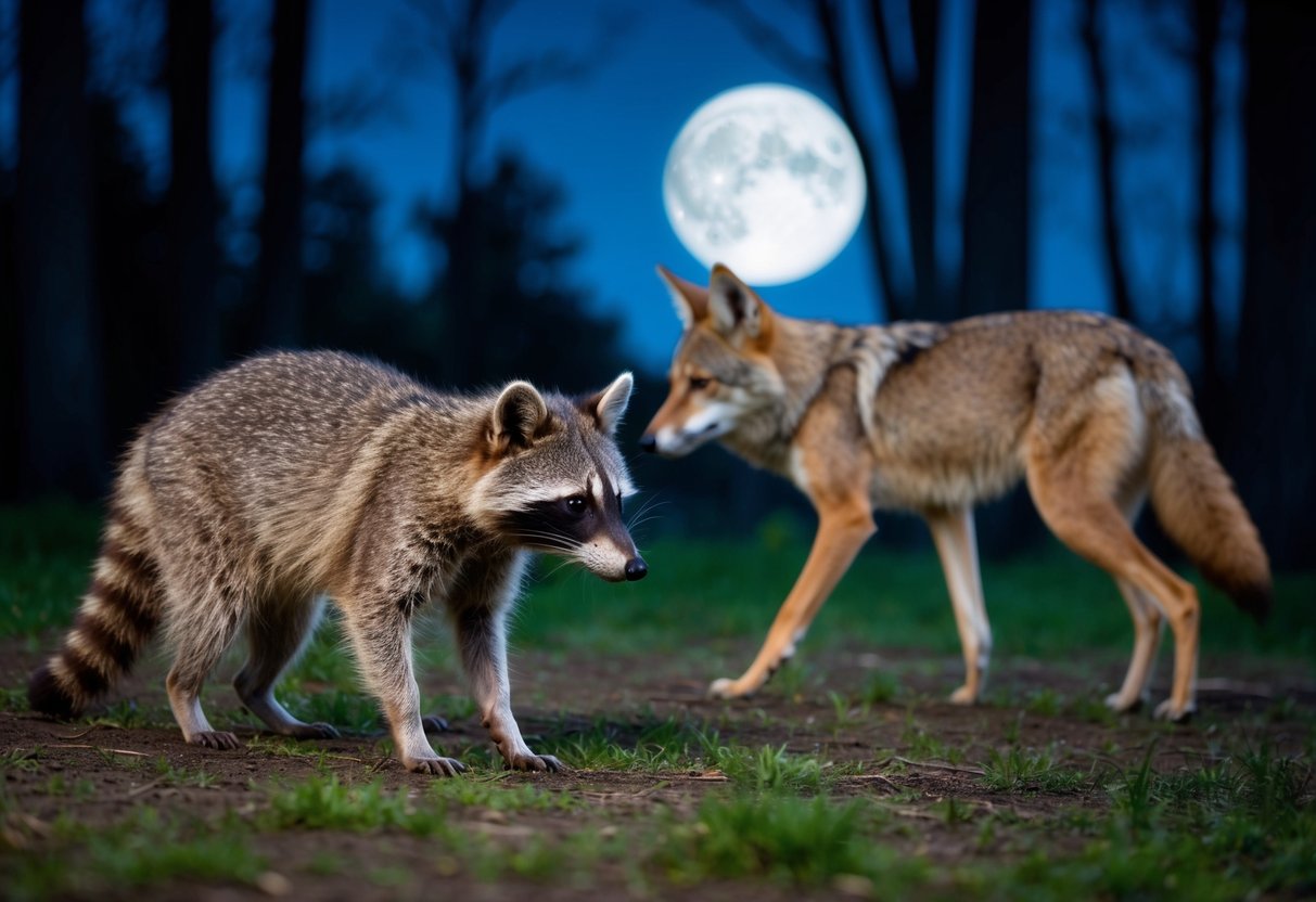 A raccoon cautiously eyes a lurking coyote in a moonlit forest clearing
