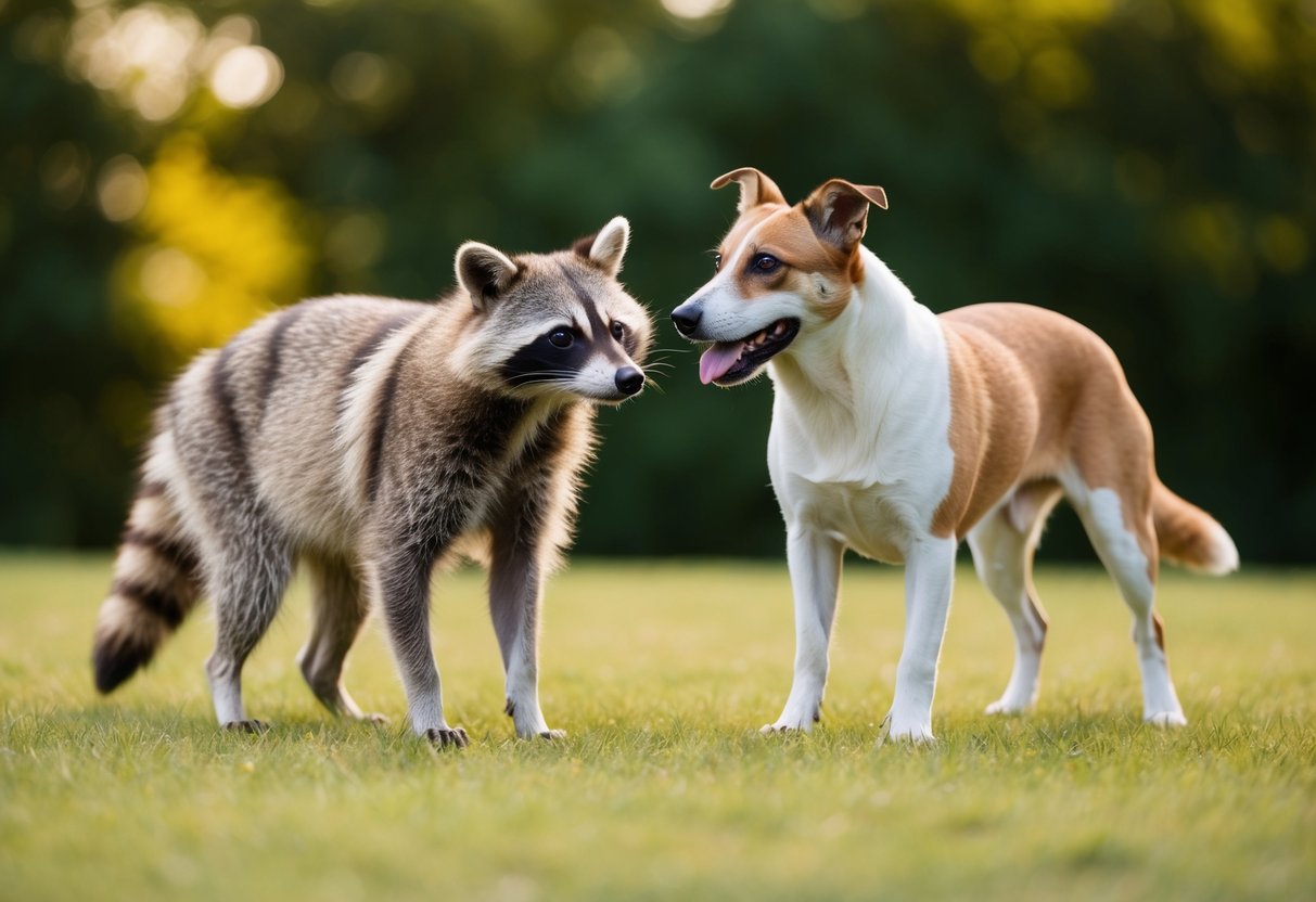 A raccoon dog stands next to a domestic dog, both looking at each other curiously