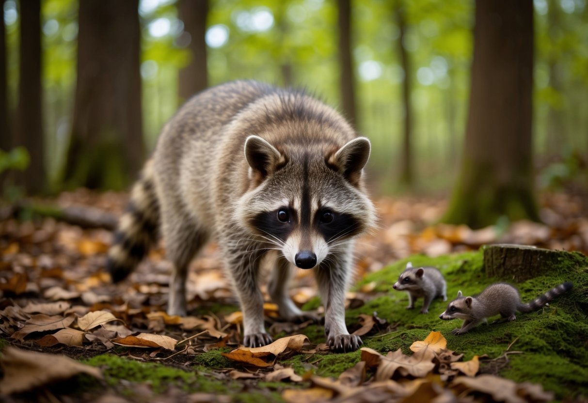 A raccoon dog foraging in a forest, surrounded by fallen leaves and small woodland creatures