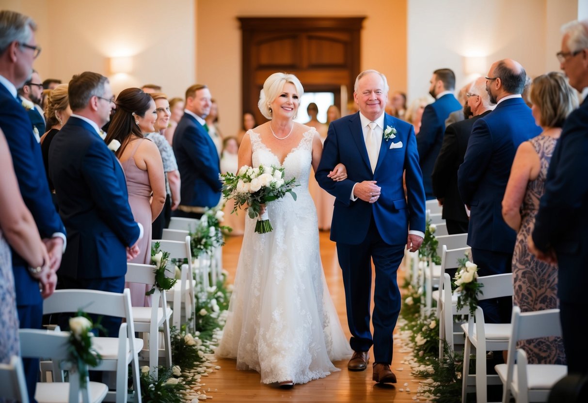 The mother of the bride walks down the aisle before the ceremony begins