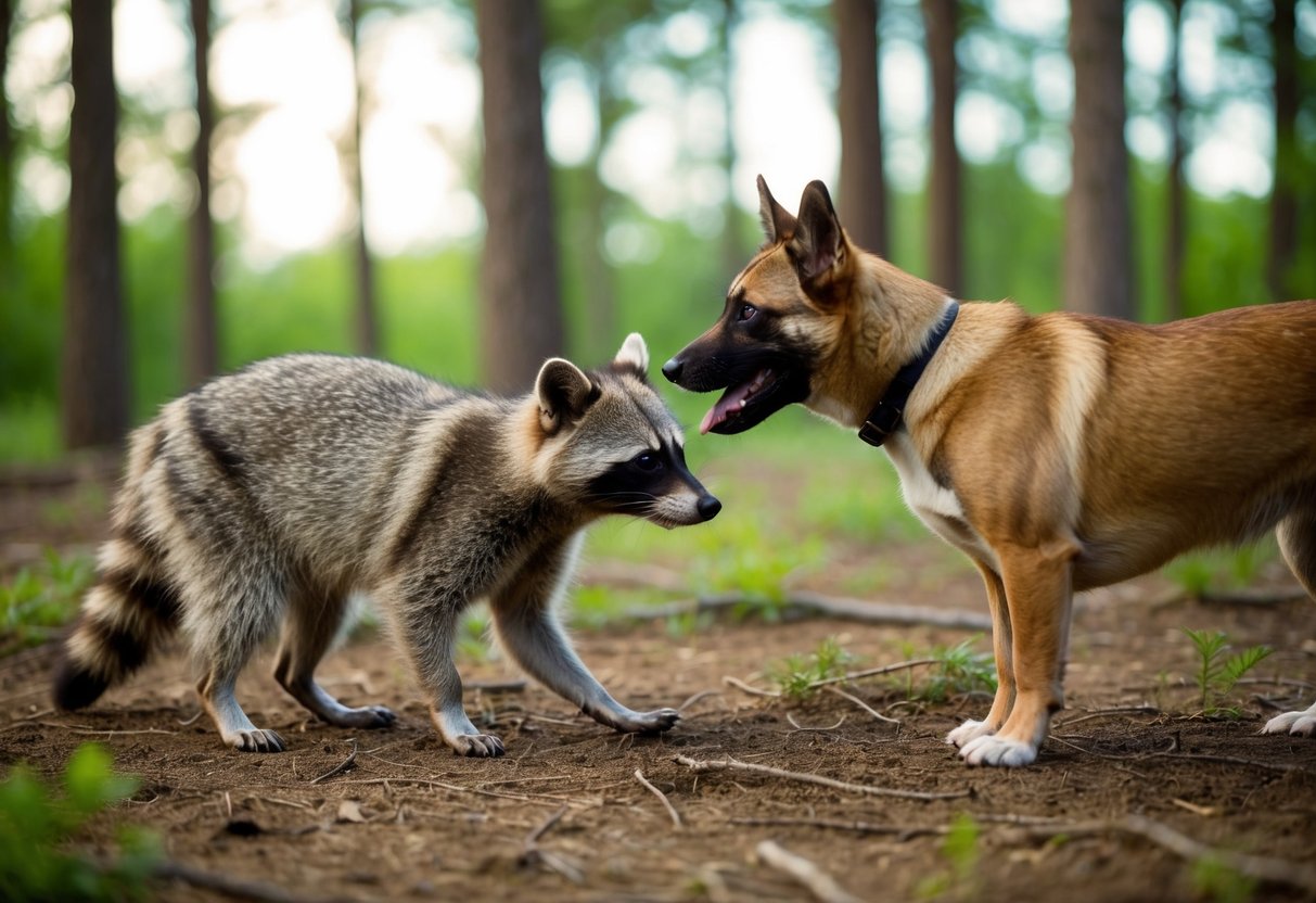 A raccoon dog and a domestic dog interact in a forest clearing. The raccoon dog is curious, sniffing at the domestic dog's paws