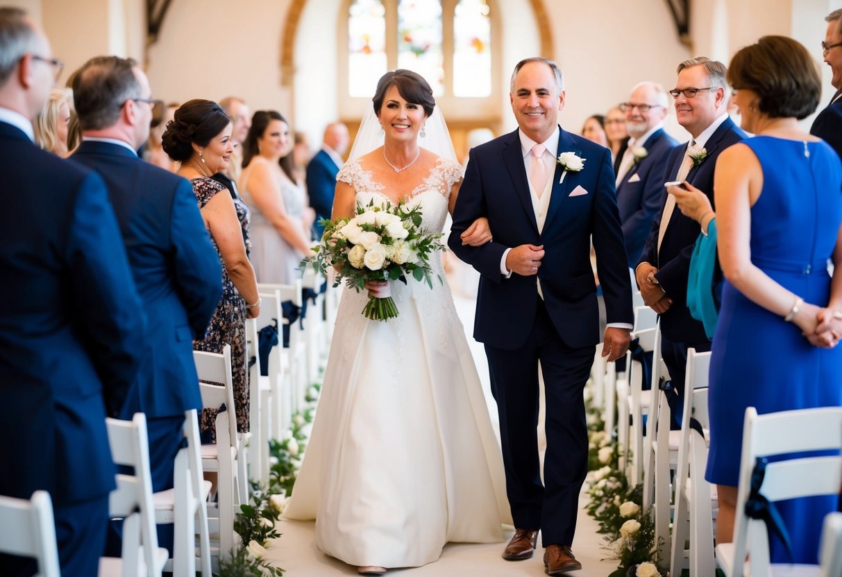 The mother of the bride walks down the aisle before the ceremony begins, escorted by an usher or family member