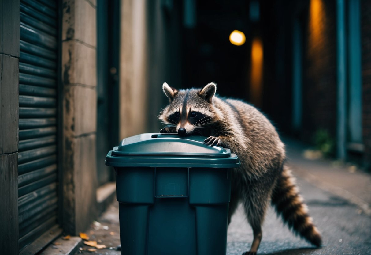 A raccoon-like creature rummages through a trash can in a dimly lit alleyway