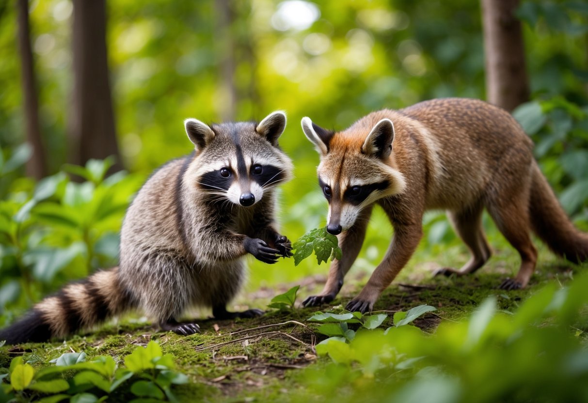 A raccoon and a coati foraging for food together in a lush forest