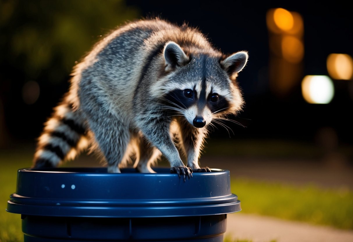 A raccoon-like creature with ringed tail scavenges through a trash can at night