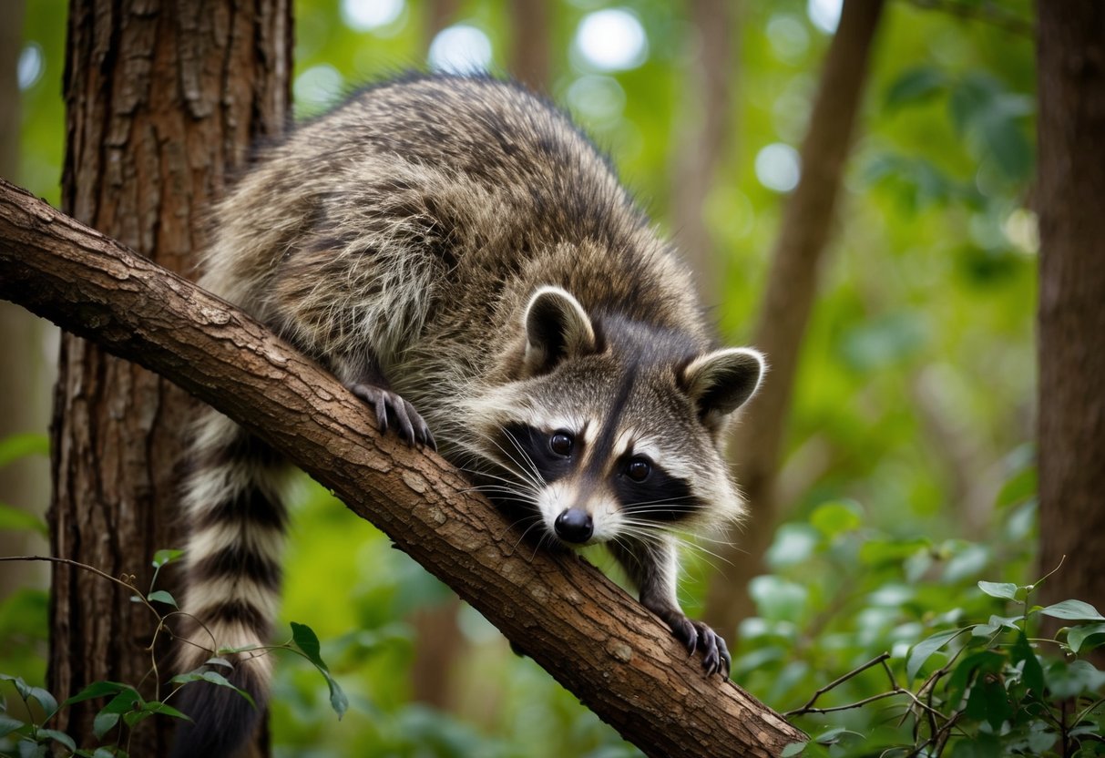 A raccoon-like animal forages through a forested area, climbing trees and scavenging for food in a similar manner to a raccoon