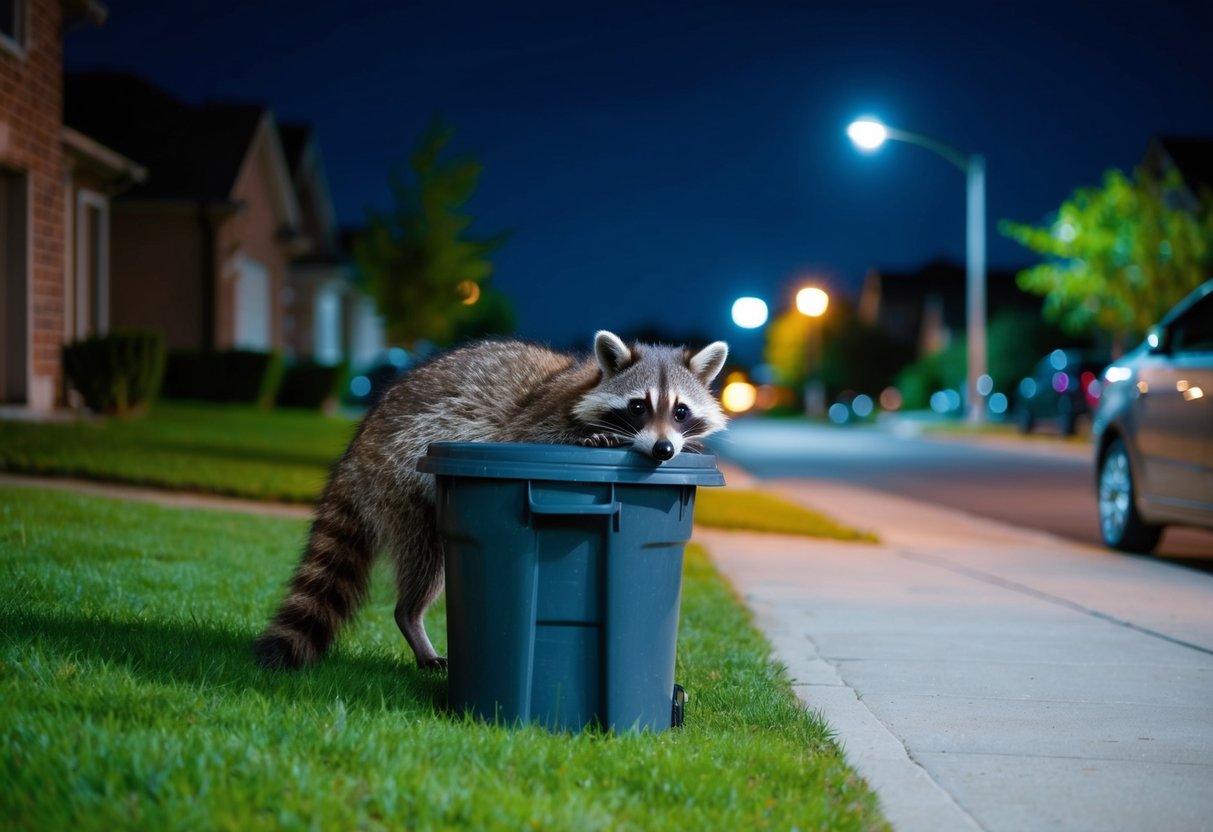 A raccoon rummaging through a trash can in a suburban neighborhood at night