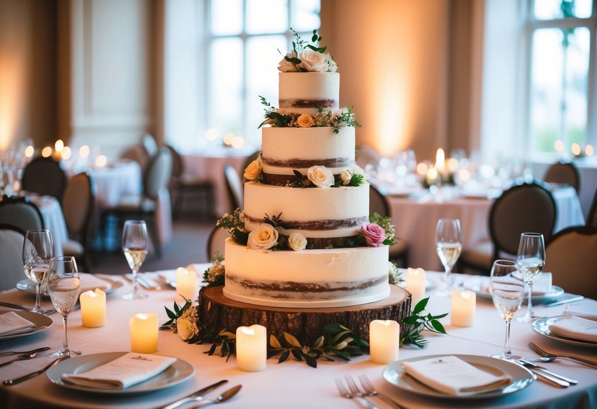 A tiered wedding cake with floral decorations sits on a table, surrounded by elegant place settings and glowing candles