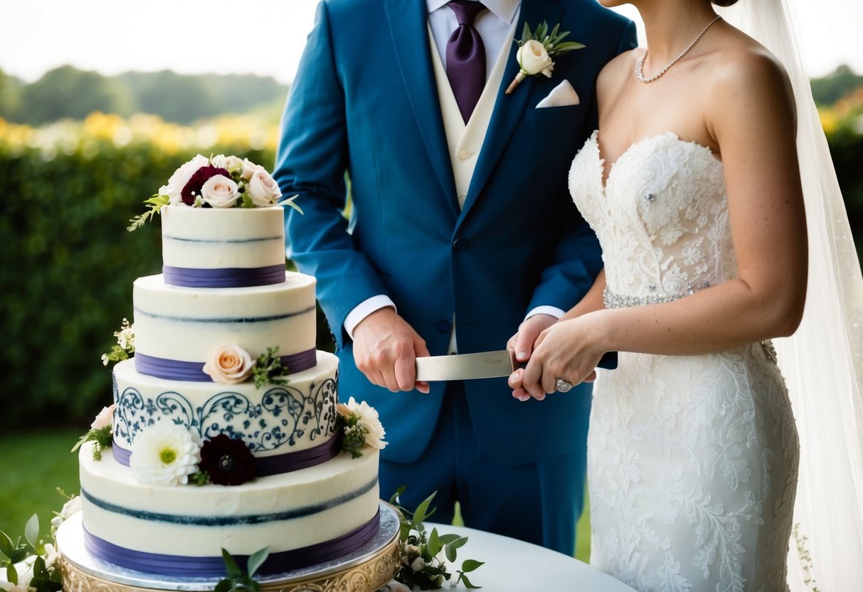 A bride and groom stand together, holding a knife, ready to cut into a multi-tiered wedding cake adorned with flowers and intricate designs