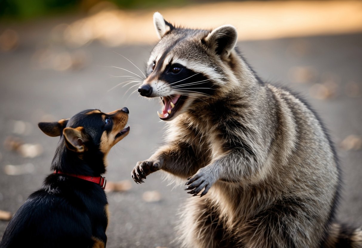 A raccoon hisses at a small dog, baring its teeth and raising its fur