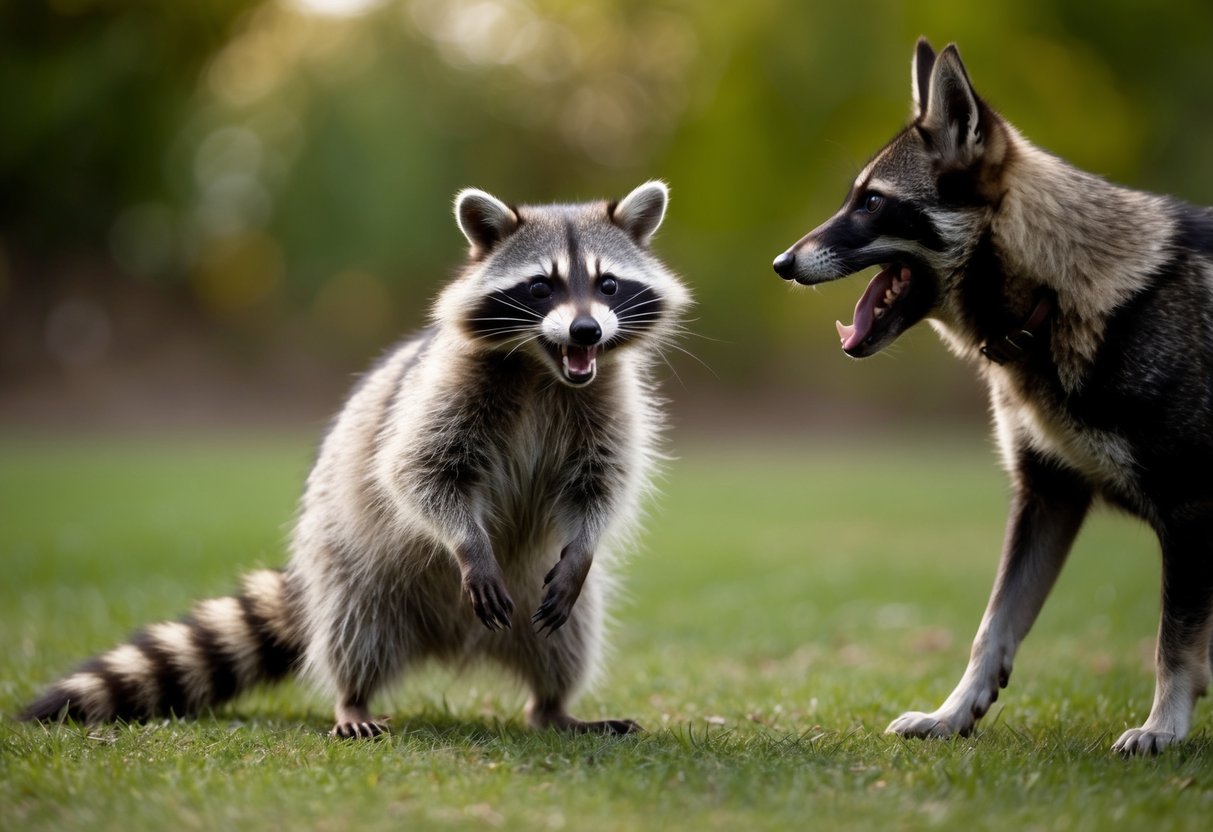 A raccoon stands defensively in front of a barking dog, its fur raised and teeth bared
