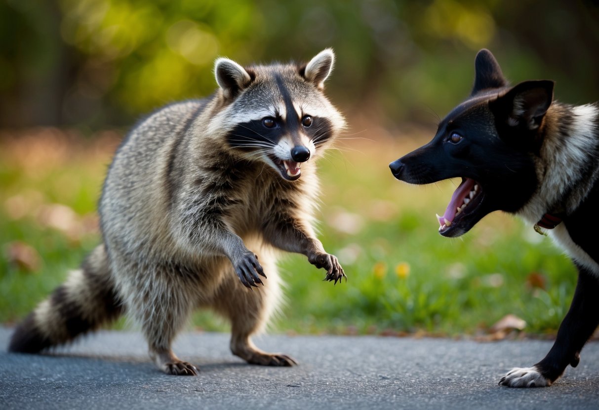 A raccoon stands defensively in front of a barking dog, its fur raised and teeth bared