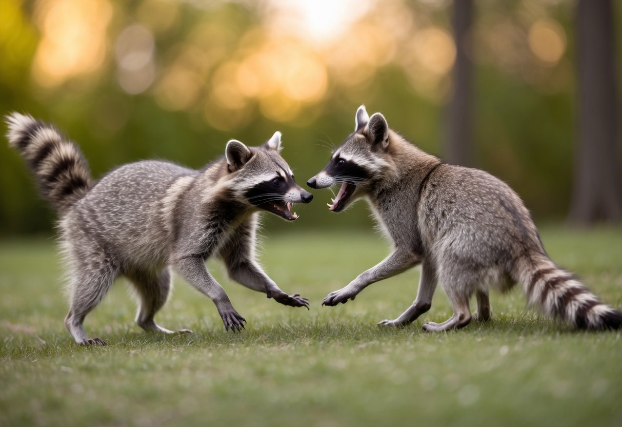 A raccoon lunges at a barking dog, teeth bared, while the dog cowers defensively
