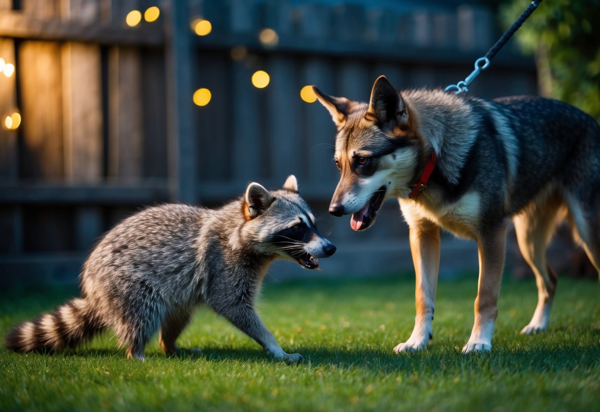 A dog cautiously watches a growling raccoon from a safe distance in a dimly lit backyard