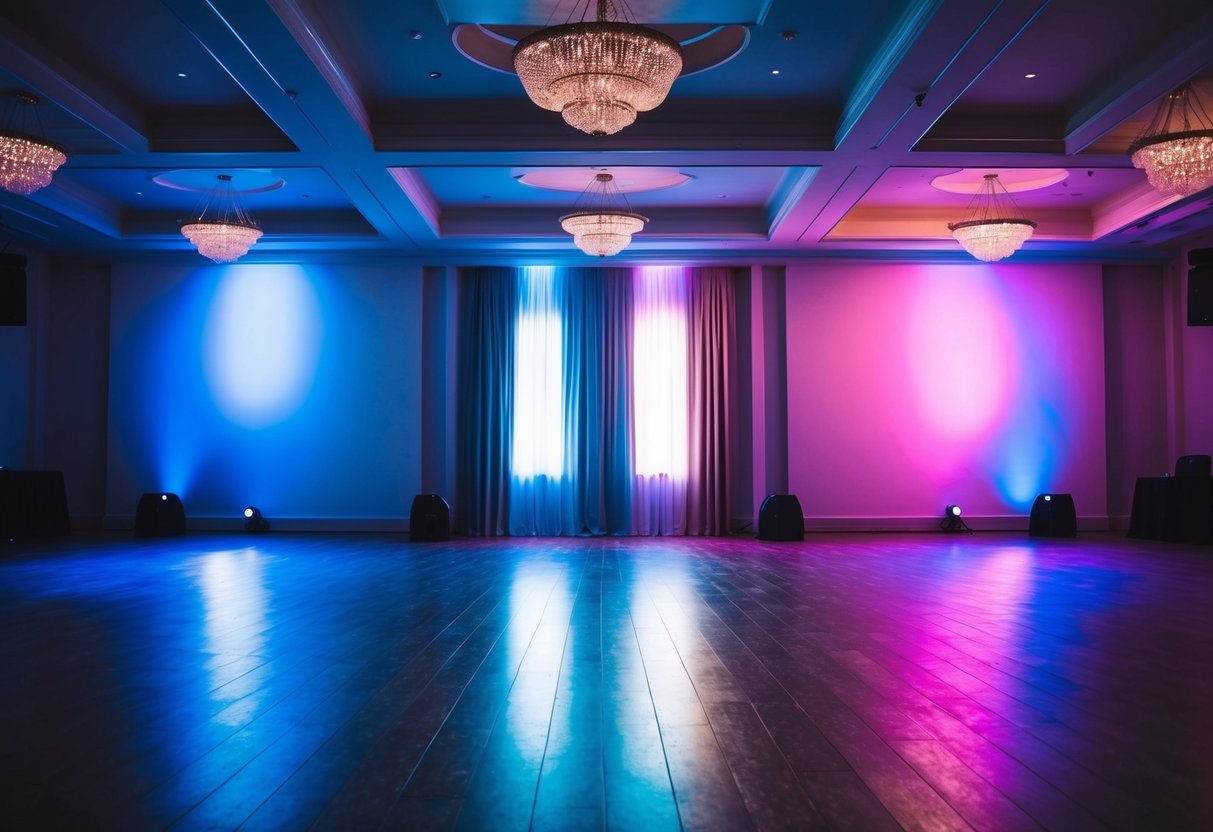 A ballroom with two empty dance floors, one bathed in soft blue light and the other in warm pink light