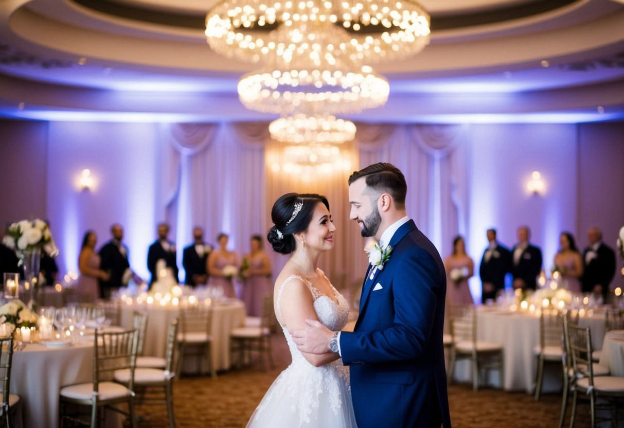 A couple stands in a ballroom, surrounded by twinkling lights and elegant decor. They are discussing which song to choose for their first dance