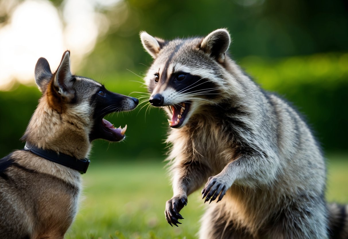 A raccoon snarls at a wary dog, baring its teeth in a defensive stance