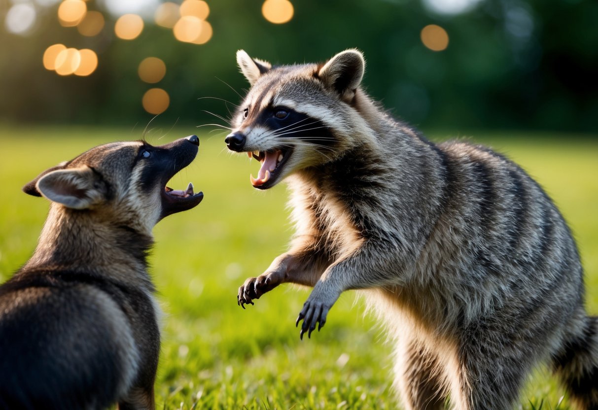 A raccoon stands on its hind legs, baring its teeth at a barking dog