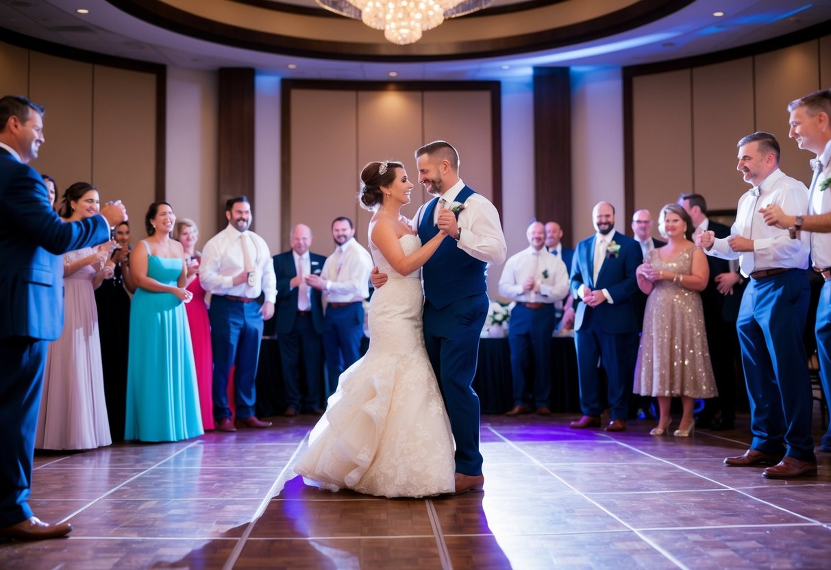 A couple stands at the center of the dance floor, surrounded by guests. They begin their first dance as the reception timeline kicks off