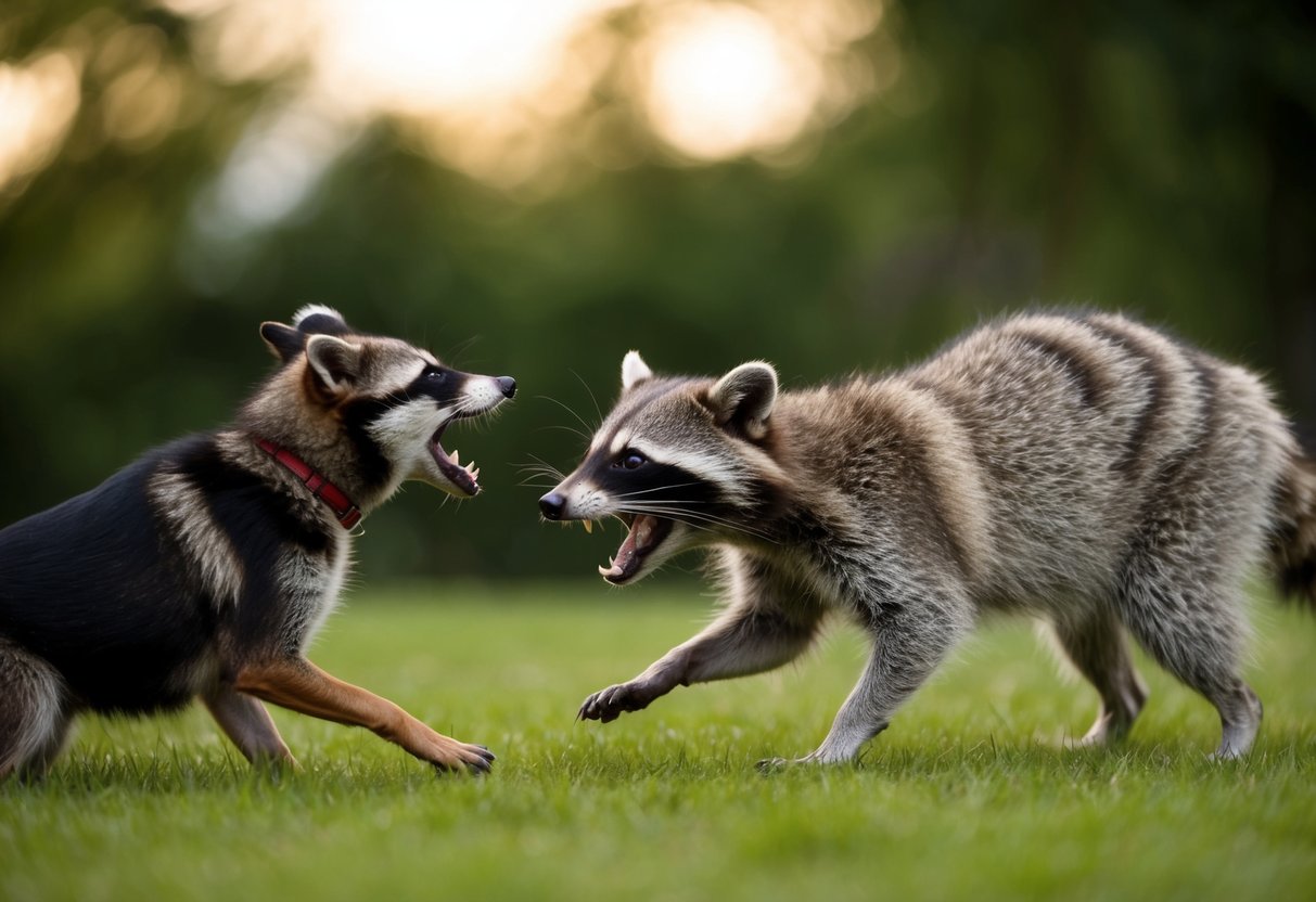 A raccoon lunges at a barking dog, its teeth bared, as the dog recoils in fear