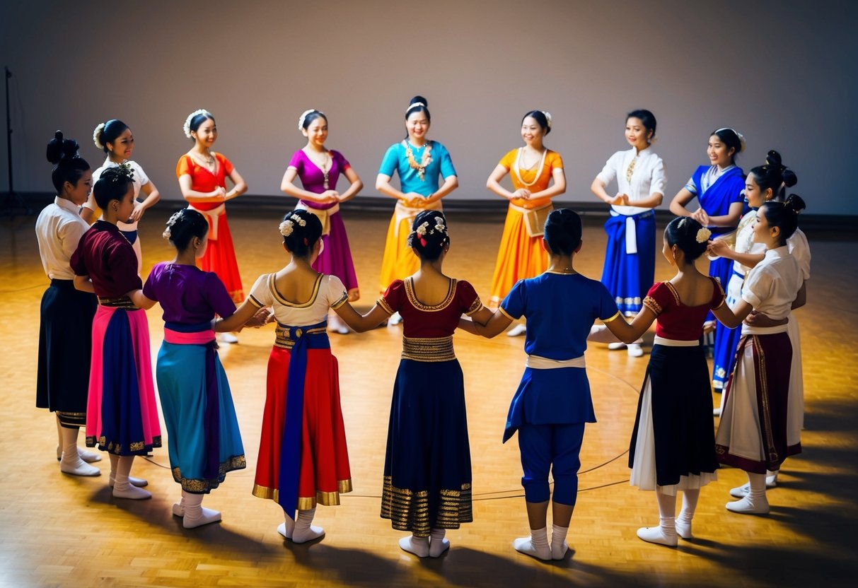 A group of dancers gather in a circle, some in traditional attire and others in modern clothing. They stand poised, ready to begin their first dance