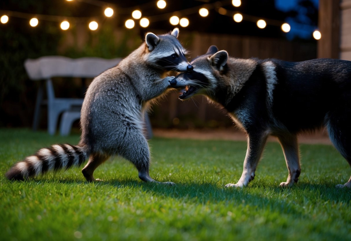 A raccoon bites a dog's leg in a backyard at night