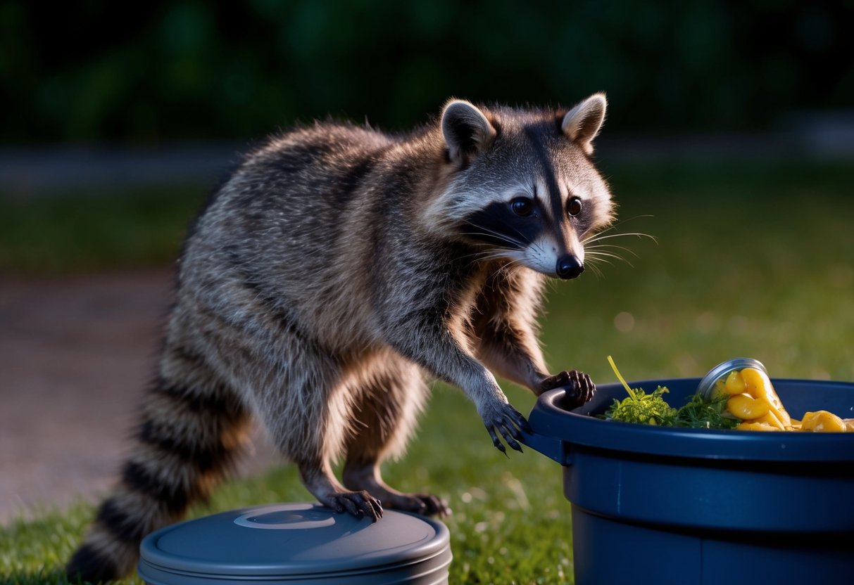 A raccoon standing on its hind legs, with its distinctive black mask and ringed tail, foraging through a trash can at night