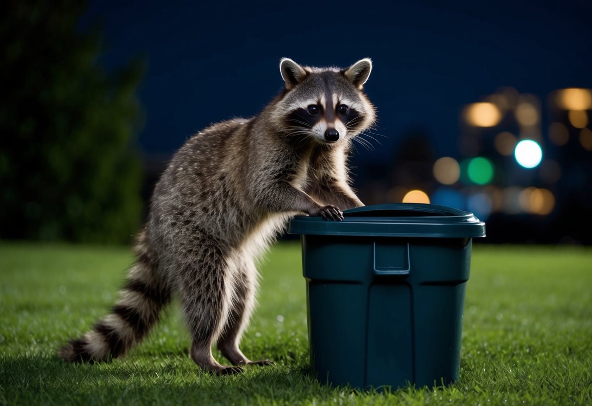 A raccoon standing on hind legs, with distinct facial mask and ringed tail, foraging through a trash can at night