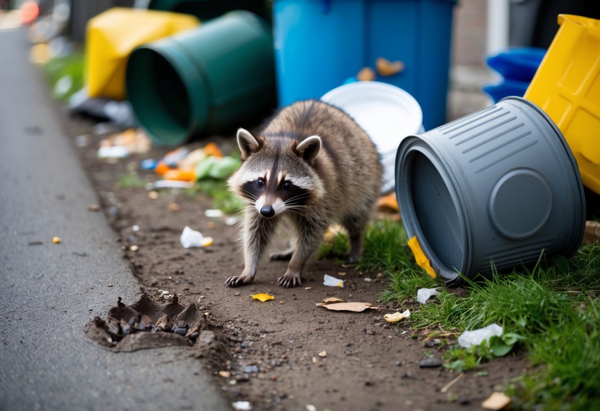 A raccoon paw print in mud, alongside overturned trash cans and scattered food scraps