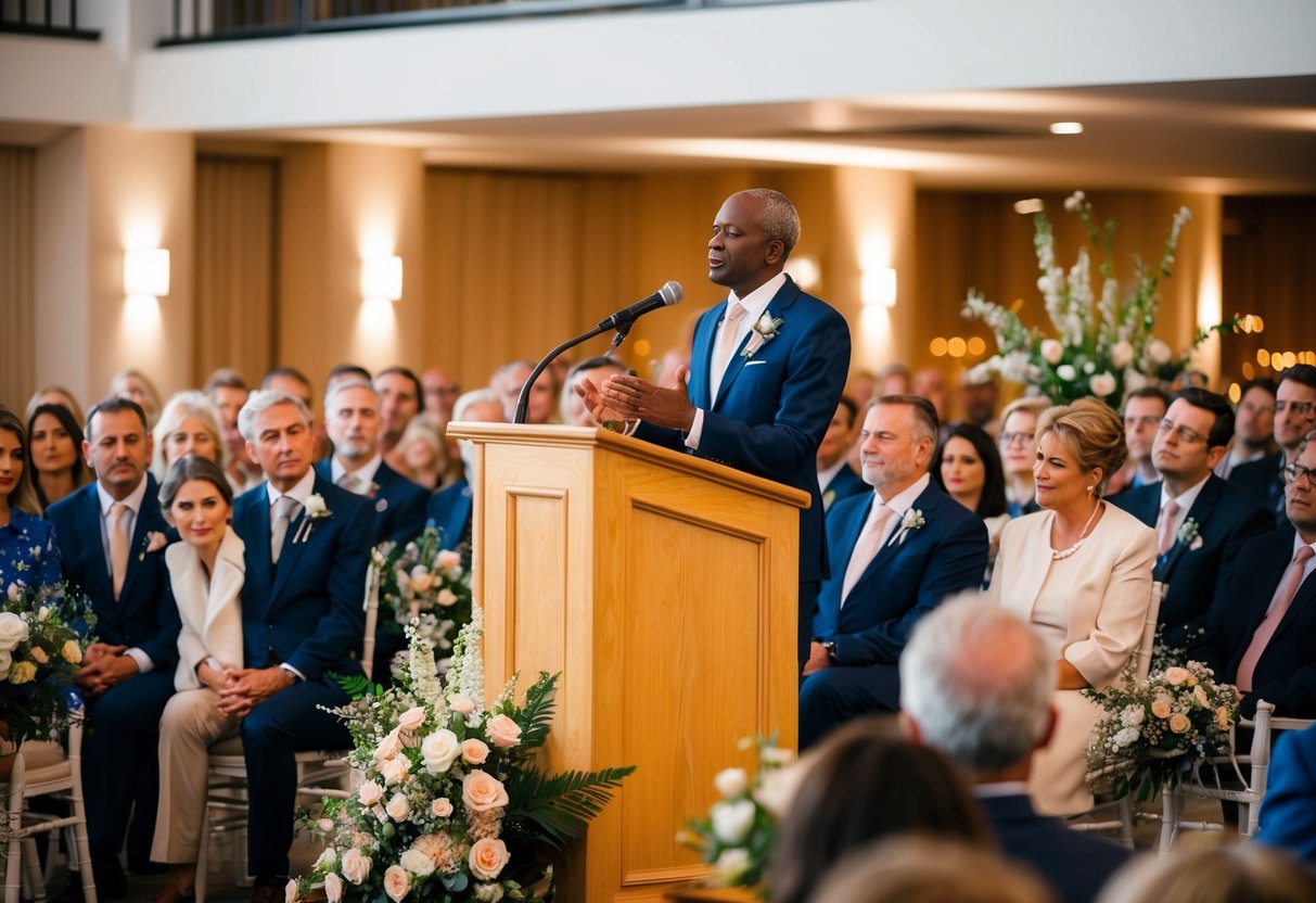 A figure stands at a podium, surrounded by guests. They listen attentively as the speaker delivers a heartfelt speech. Flowers and decorations adorn the space, creating a warm and celebratory atmosphere