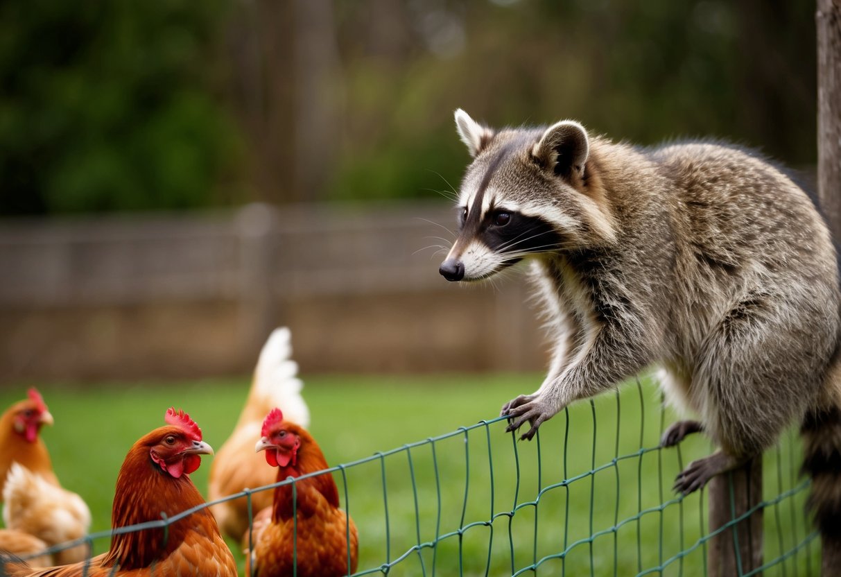 A raccoon perched on a fence, eyeing a group of chickens in a coop