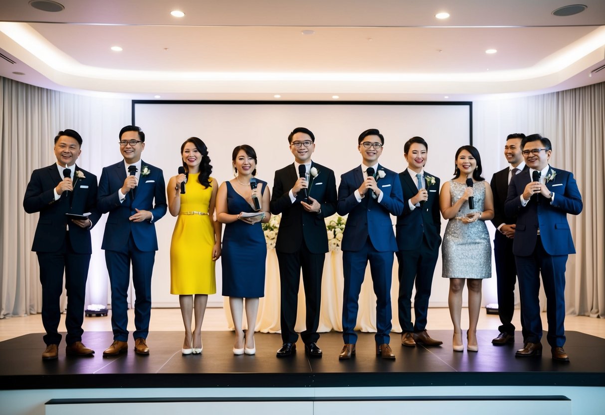 A diverse group of individuals stand on a stage, each holding a microphone and delivering a speech at a wedding. The setting is modern and stylish, with sleek decor and contemporary lighting
