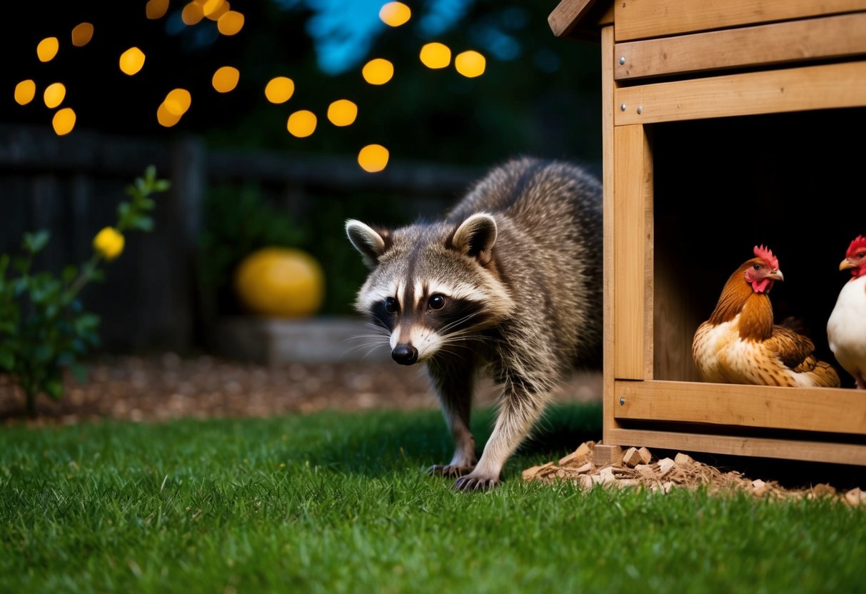 A raccoon sneaks into a backyard at night, eyeing the chickens in their coop