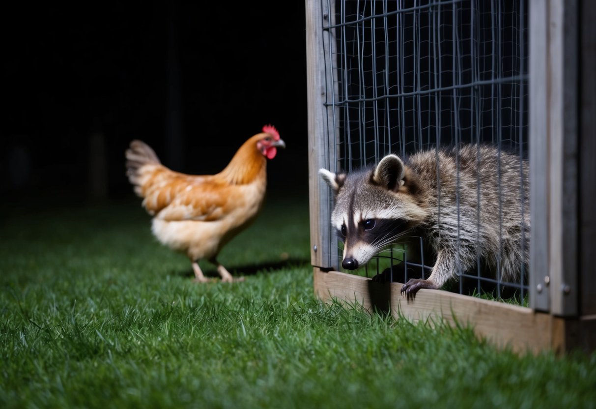 A raccoon lurking near a chicken coop at night, eyeing the hens through the wire mesh